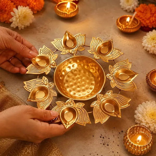 DreamKraft_Metal_Lotus_Diya_Urli_Bowl_with_Seven_Diyas,_Gold,_10_in