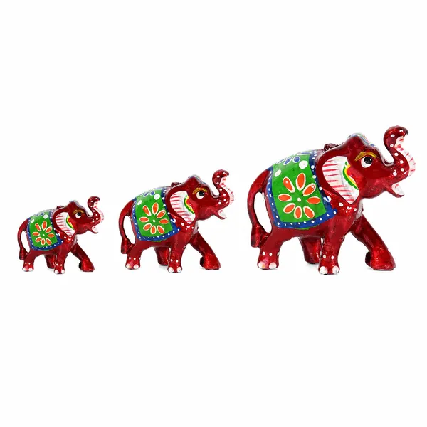 DreamKraft_Paper_Mache_Elephant_Showpiece_Set_of_3,_Red