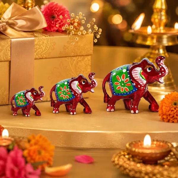 DreamKraft_Paper_Mache_Elephant_Showpiece_Set_of_3,_Red