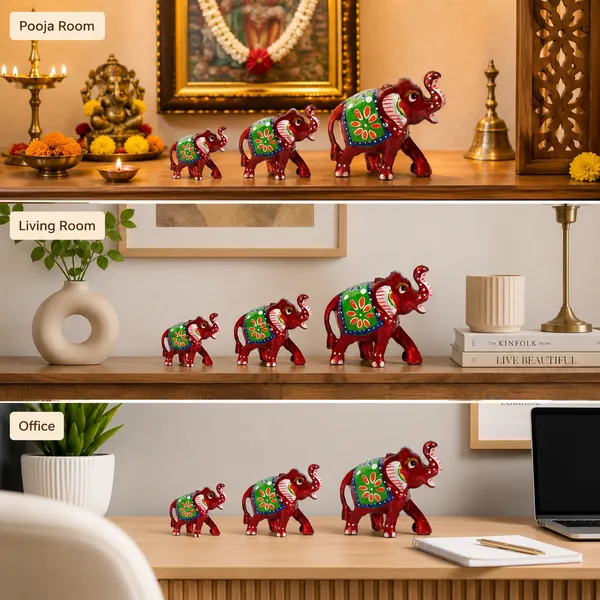 DreamKraft_Paper_Mache_Elephant_Showpiece_Set_of_3,_Red