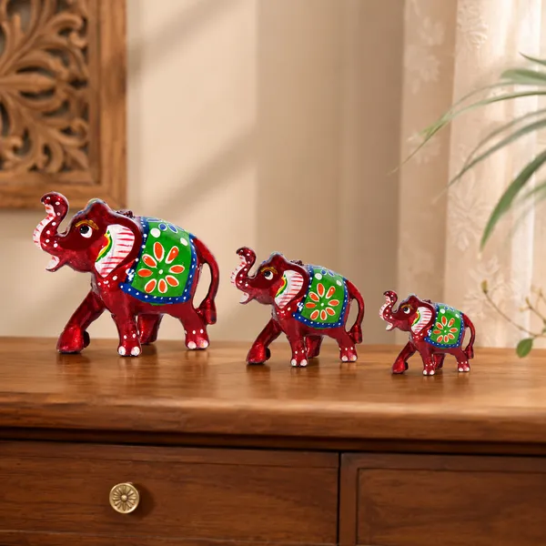 DreamKraft_Paper_Mache_Elephant_Showpiece_Set_of_3,_Red