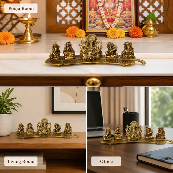 White_Metal_5_Ganesh_with_Musical_Instrument_on_Leaf_for_Home_Dv???vO?cor