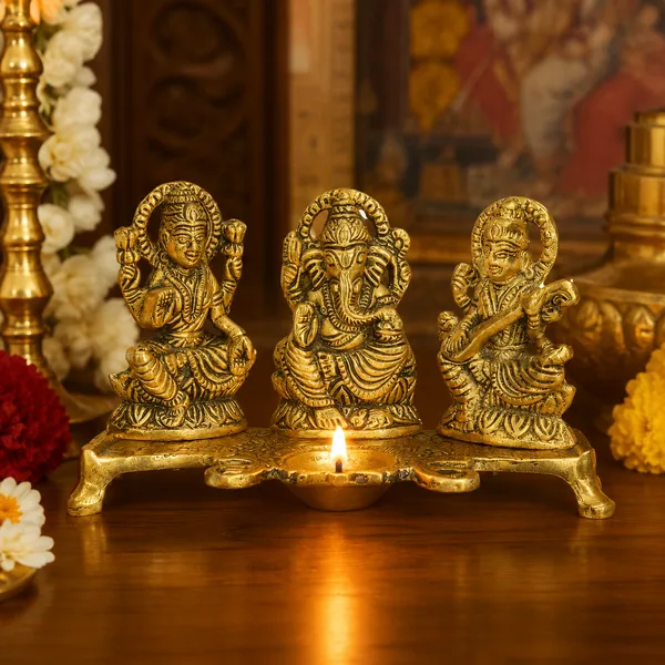 White_Metal_Gold_Plated_Lakshmi_Saraswati_Ganesh_with_Deepak_for_Puja_and_Festive_Decoration