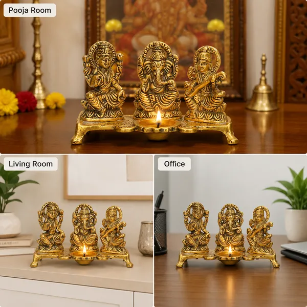 White_Metal_Gold_Plated_Lakshmi_Saraswati_Ganesh_with_Deepak_for_Puja_and_Festive_Decoration