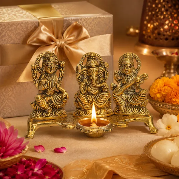 White_Metal_Gold_Plated_Lakshmi_Saraswati_Ganesh_with_Deepak_for_Puja_and_Festive_Decoration
