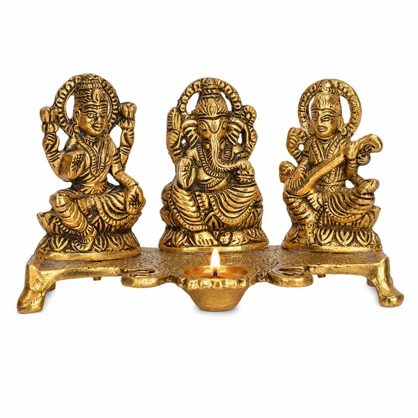 White_Metal_Gold_Plated_Lakshmi_Saraswati_Ganesh_with_Deepak_for_Puja_and_Festive_Decoration