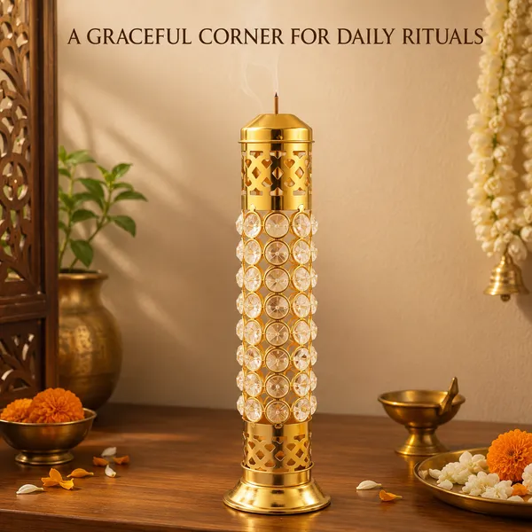 DreamKraft_Gold-Plated_Brass_Incense_Holder_with_Crystal_Accents,_13_cm