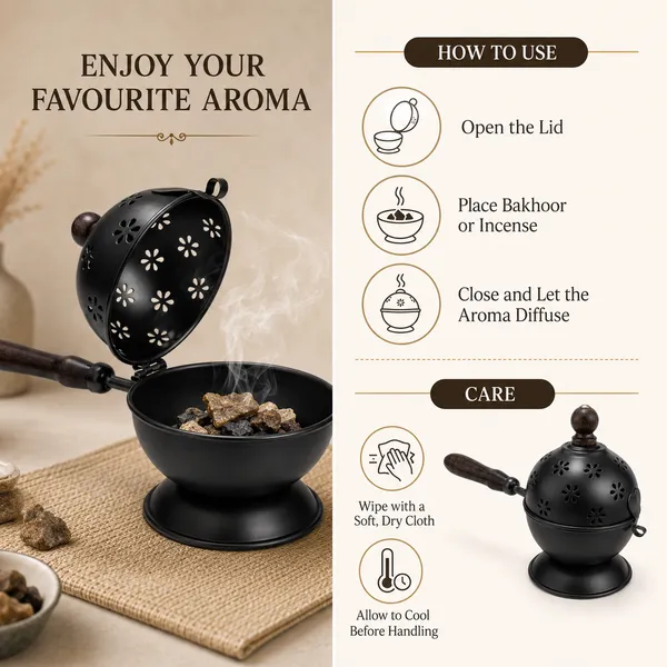 DreamKraft_Iron_Bakhoor_Burner_with_Wooden_Handle,_Black,_15_cm