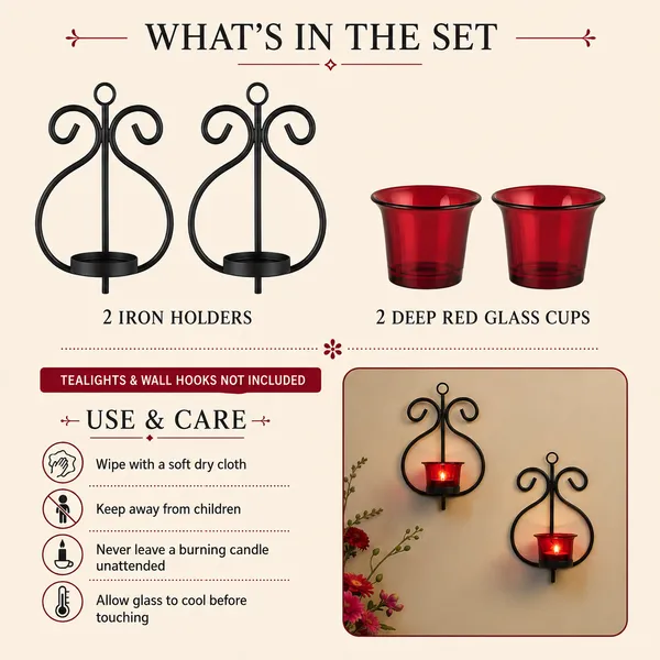 DreamKraft_Iron_Wall_Tealight_Holders_with_Red_Glass,_Set_of_2