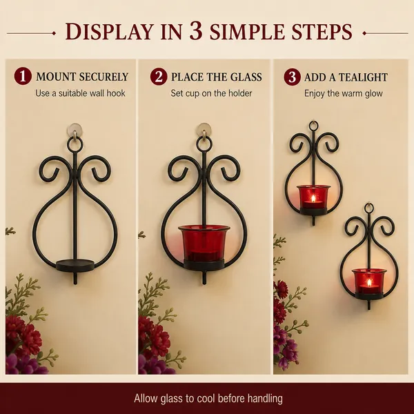 DreamKraft_Iron_Wall_Tealight_Holders_with_Red_Glass,_Set_of_2