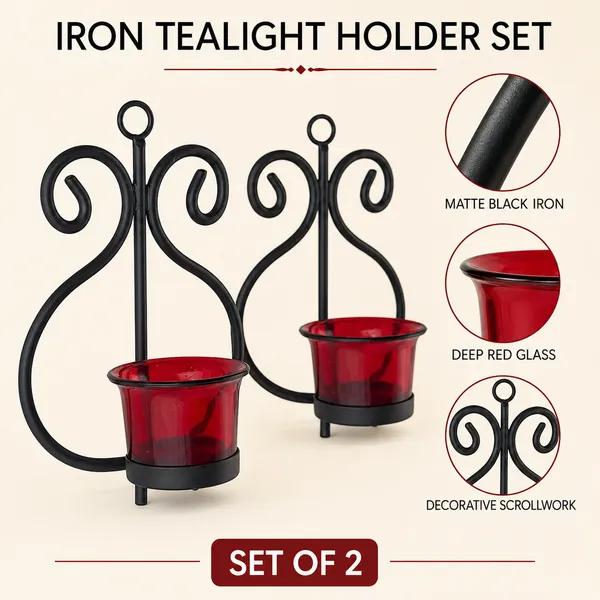 DreamKraft_Iron_Wall_Tealight_Holders_with_Red_Glass,_Set_of_2