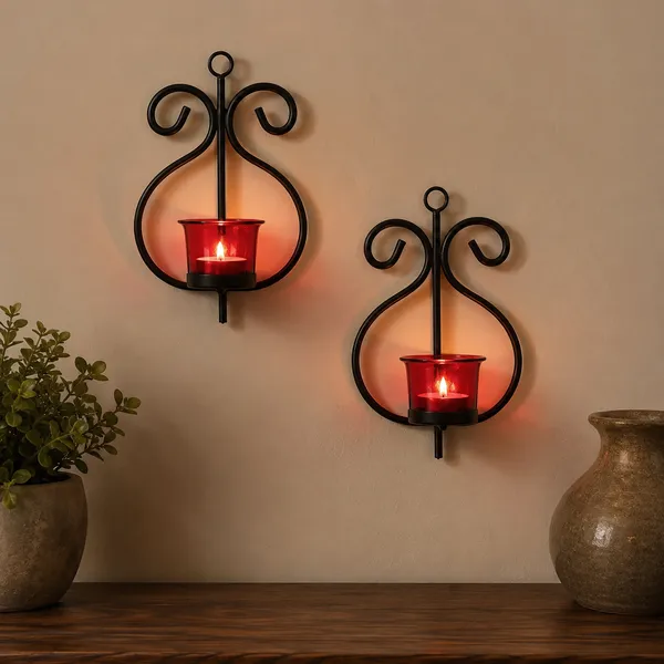 DreamKraft_Iron_Wall_Tealight_Holders_with_Red_Glass,_Set_of_2