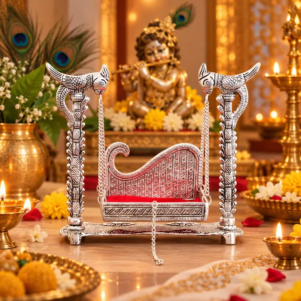 DreamKraft_Metal_Krishna_Jhula_Palna_for_Laddu_Gopal,_Silver,_25_x_10_x_24_cm