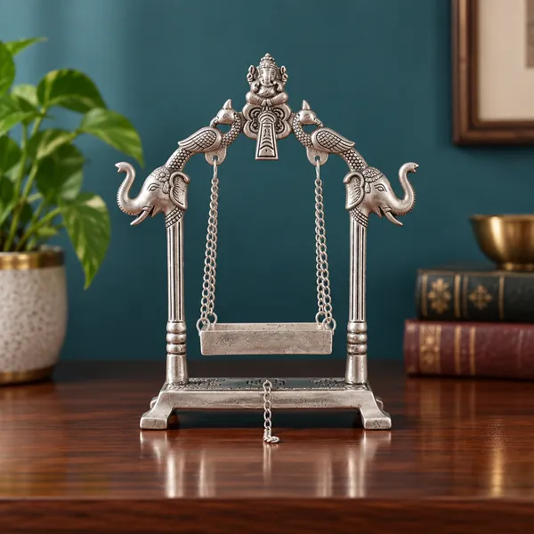 DreamKraft_Metal_Laddu_Gopal_Jhula_with_Elephant_Motifs,_Silver,_19_cm