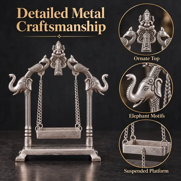 DreamKraft_Metal_Laddu_Gopal_Jhula_with_Elephant_Motifs,_Silver,_19_cm