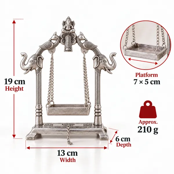 DreamKraft_Metal_Laddu_Gopal_Jhula_with_Elephant_Motifs,_Silver,_19_cm