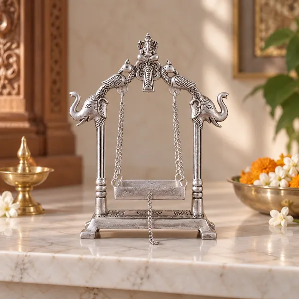 DreamKraft_Metal_Laddu_Gopal_Jhula_with_Elephant_Motifs,_Silver,_19_cm