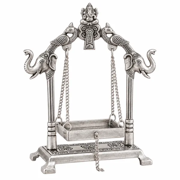 DreamKraft_Metal_Laddu_Gopal_Jhula_with_Elephant_Motifs,_Silver,_19_cm