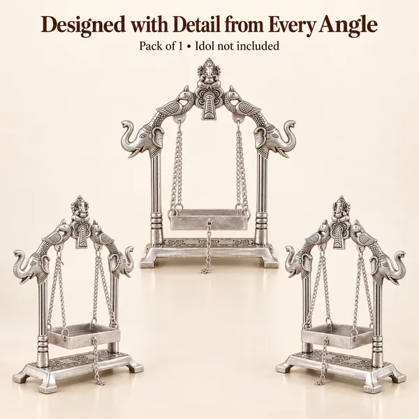 DreamKraft_Metal_Laddu_Gopal_Jhula_with_Elephant_Motifs,_Silver,_19_cm