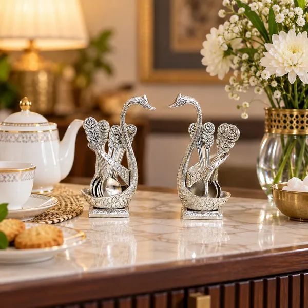 DreamKraft_Swan_Cutlery_Holder_with_Spoons,_Silver,_Set_of_2