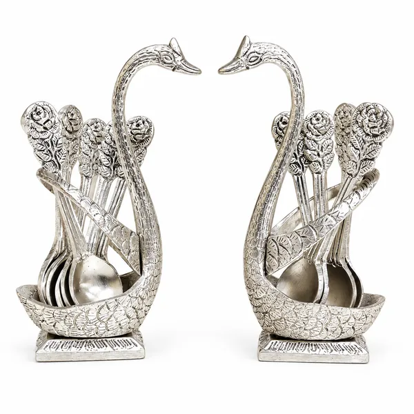 DreamKraft_Swan_Cutlery_Holder_with_Spoons,_Silver,_Set_of_2