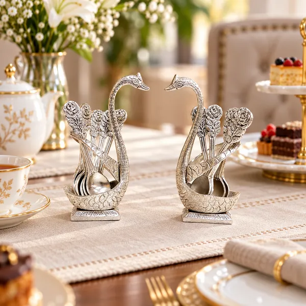 DreamKraft_Swan_Cutlery_Holder_with_Spoons,_Silver,_Set_of_2
