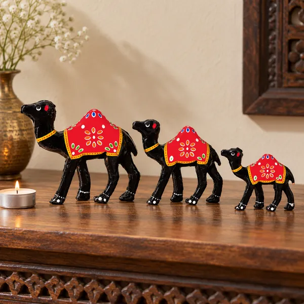 DreamKraft_Paper_Mache_Camel_Showpiece_Set_of_3,_Black