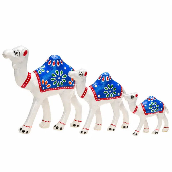 DreamKraft_Paper_Mache_Camel_Showpieces,_White_with_Blue_Saddles,_Set_of_3