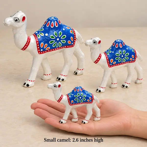 DreamKraft_Paper_Mache_Camel_Showpieces,_White_with_Blue_Saddles,_Set_of_3