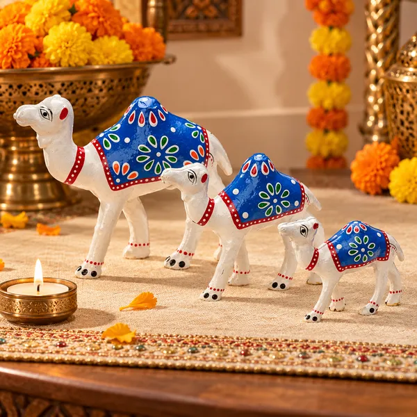 DreamKraft_Paper_Mache_Camel_Showpieces,_White_with_Blue_Saddles,_Set_of_3