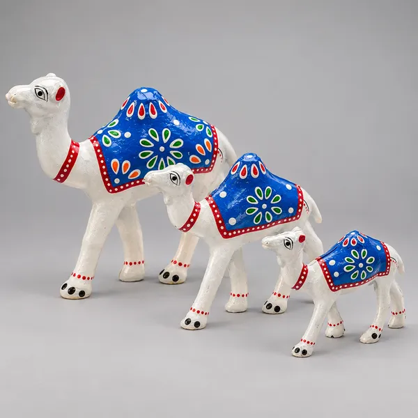 DreamKraft_Paper_Mache_Camel_Showpieces,_White_with_Blue_Saddles,_Set_of_3