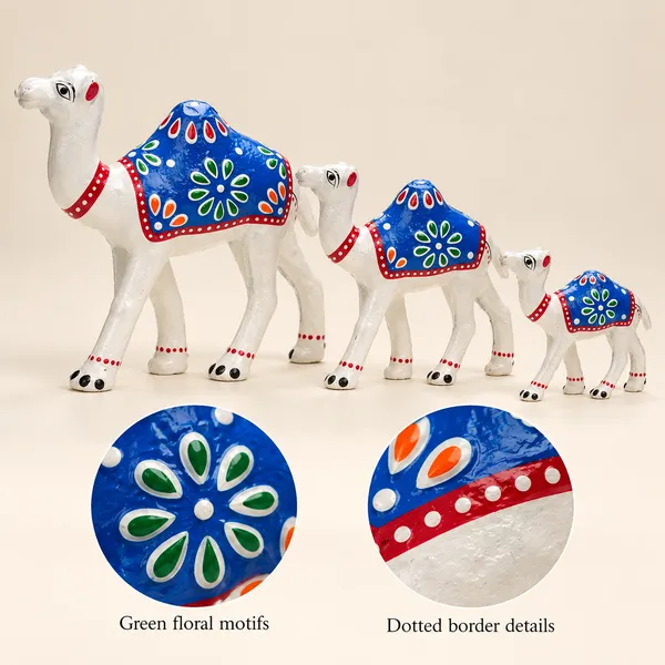 DreamKraft_Paper_Mache_Camel_Showpieces,_White_with_Blue_Saddles,_Set_of_3