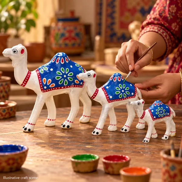 DreamKraft_Paper_Mache_Camel_Showpieces,_White_with_Blue_Saddles,_Set_of_3