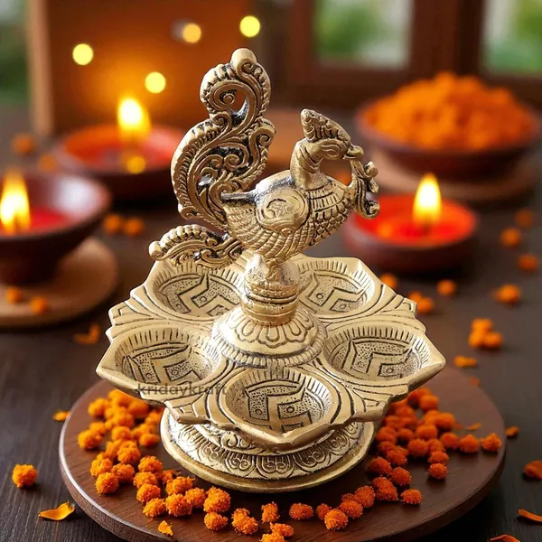 DreamKraft_Metal_Peacock_Five-Wick_Diya,_Gold,_13_cm