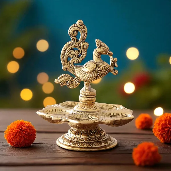 DreamKraft_Metal_Peacock_Five-Wick_Diya,_Gold,_13_cm
