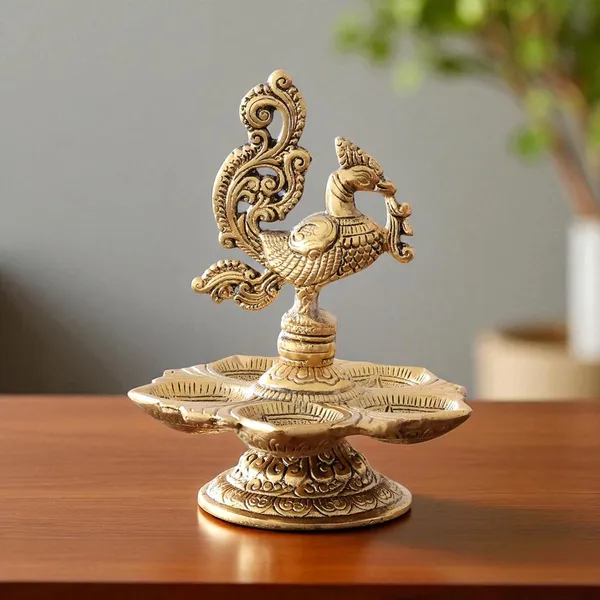 DreamKraft_Metal_Peacock_Five-Wick_Diya,_Gold,_13_cm