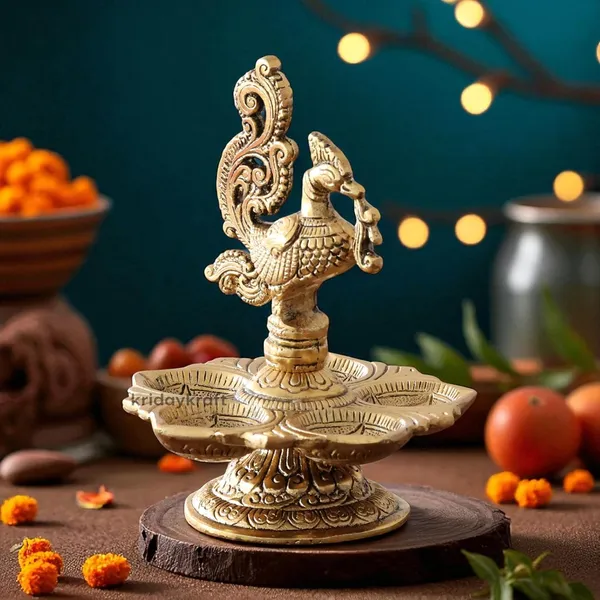 DreamKraft_Metal_Peacock_Five-Wick_Diya,_Gold,_13_cm