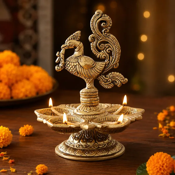 DreamKraft_Metal_Peacock_Five-Wick_Diya,_Gold,_13_cm