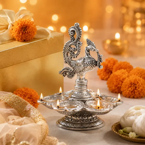 DreamKraft_Metal_Peacock_Five-Wick_Diya,_Silver,_13_cm