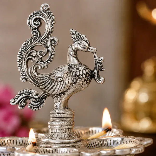 DreamKraft_Metal_Peacock_Five-Wick_Diya,_Silver,_13_cm