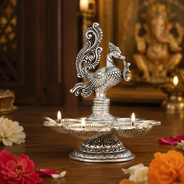 DreamKraft_Metal_Peacock_Five-Wick_Diya,_Silver,_13_cm