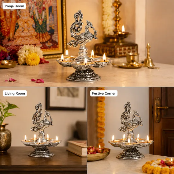 DreamKraft_Metal_Peacock_Five-Wick_Diya,_Silver,_13_cm