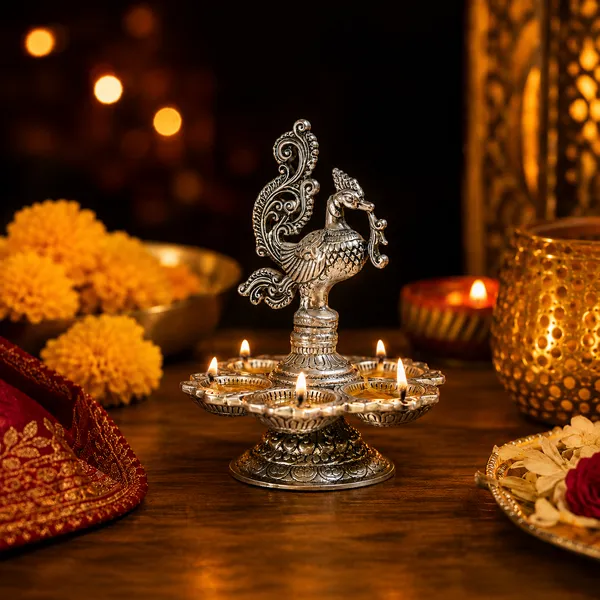 DreamKraft_Metal_Peacock_Five-Wick_Diya,_Silver,_13_cm