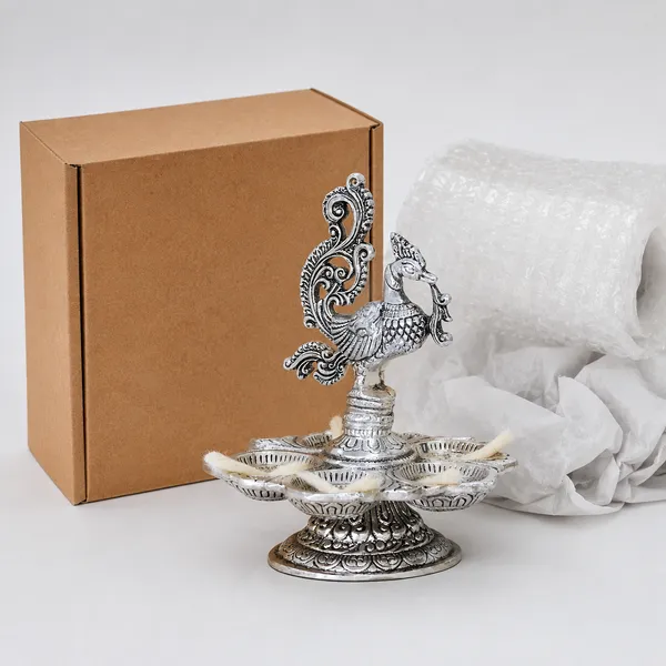 DreamKraft_Metal_Peacock_Five-Wick_Diya,_Silver,_13_cm