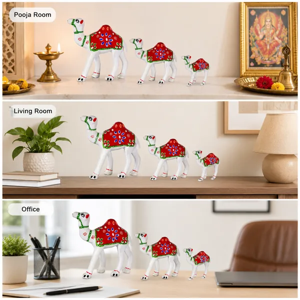 DreamKraft_Paper_Mache_Camel_Showpiece_Set_of_3,_White_with_Red_Details
