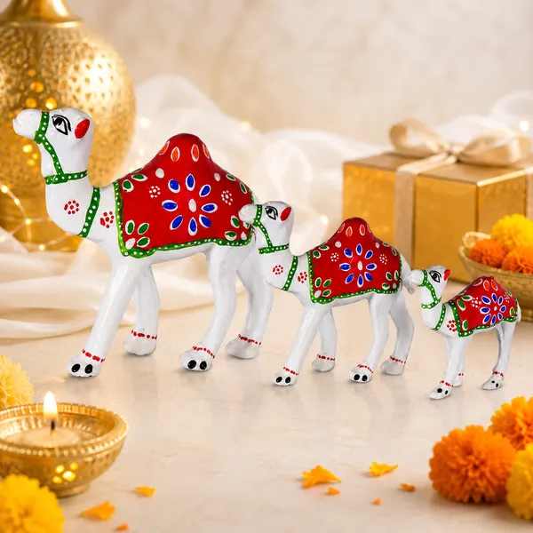 DreamKraft_Paper_Mache_Camel_Showpiece_Set_of_3,_White_with_Red_Details