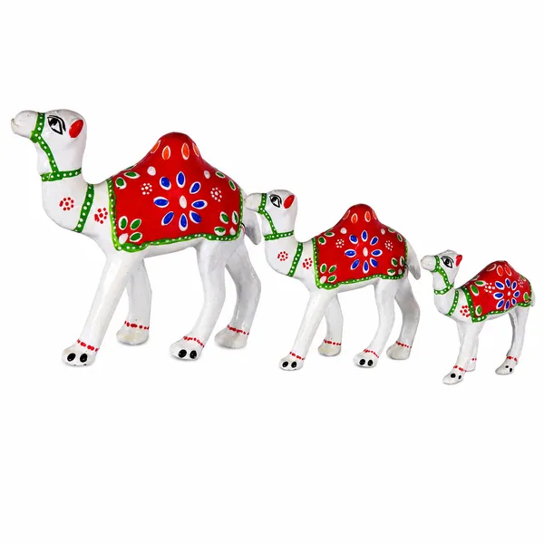 DreamKraft_Paper_Mache_Camel_Showpiece_Set_of_3,_White_with_Red_Details