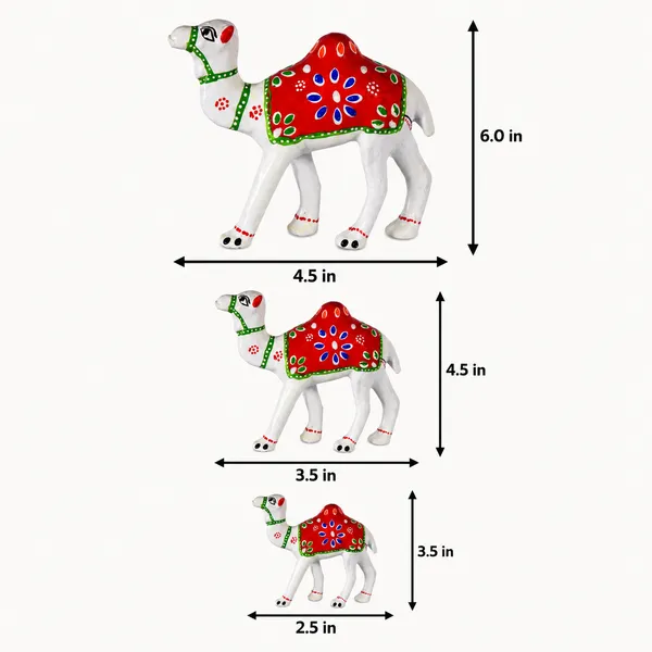 DreamKraft_Paper_Mache_Camel_Showpiece_Set_of_3,_White_with_Red_Details