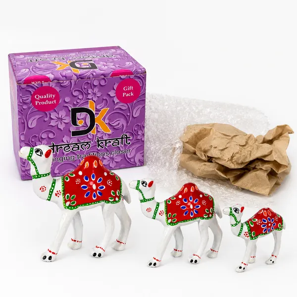 DreamKraft_Paper_Mache_Camel_Showpiece_Set_of_3,_White_with_Red_Details