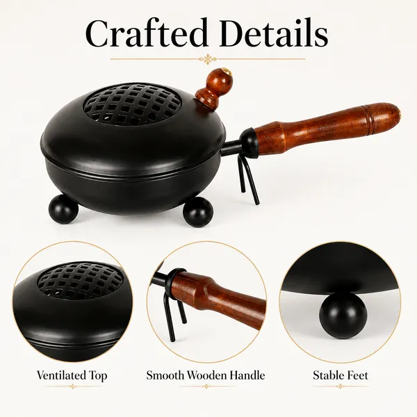 DreamKraft_Iron_Round_Loban_Burner_with_Wooden_Handle,_Black